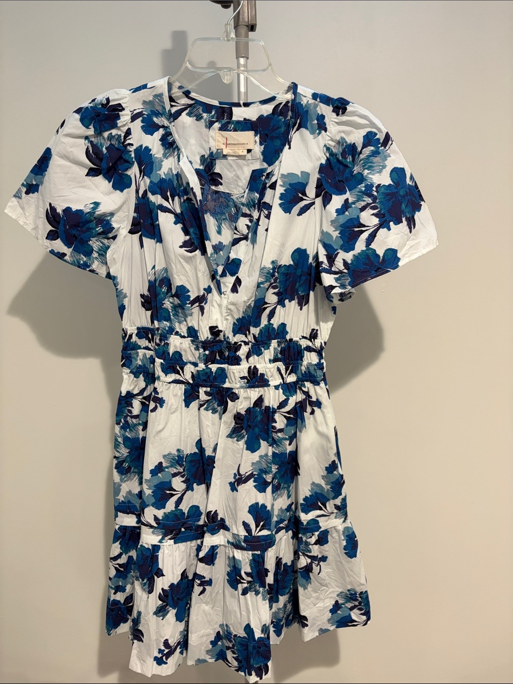 White Floral V-Neck Minidress with Blue Blooms